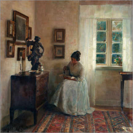 Obraz na drewnie  Interior with reading woman - Carl Hols?e