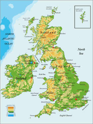Plakat  Topography Map of Great Britain and Ireland