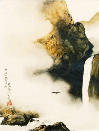 Plakat  Krajobraz w wodospadem i ptakiem - Shibata Zeshin