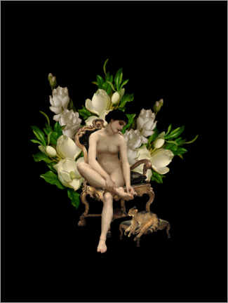Plakat  Vintage girl with magnolias and cat - UtArt