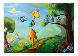 Plakat Giraffe with funny birds