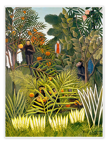 Plakat Egzotyczny krajobraz z małpami i papugą