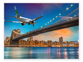 Plakat Aircraft flying over Brooklyn Bridge in New York