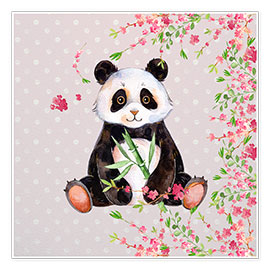 Plakat  Little panda bear with bamboo and cherry blossoms - UtArt