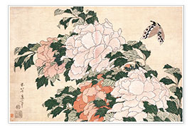Plakat  Peonies and a Butterfly - Katsushika Hokusai