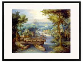 Plakat artystyczny premium w ramie  River landscape with bathing and boats - Jan Brueghel d.Ä.